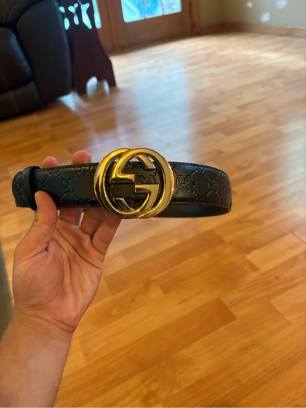 Gucci Black Embossed Leather Belt with Gold Double G Buckle